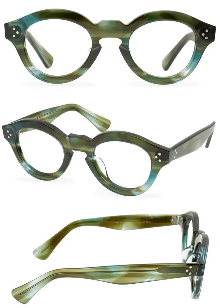 Green acetate eyeglass frames shown from the front and side